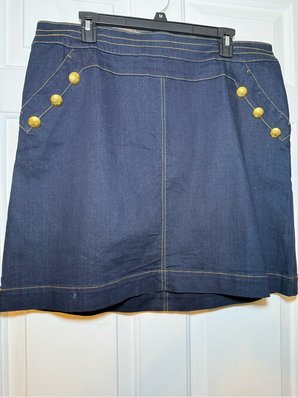 Inc Dark Navy Denim Sailor Style Mini Skirt Sz 16 Crest Gold Buttons Contrast